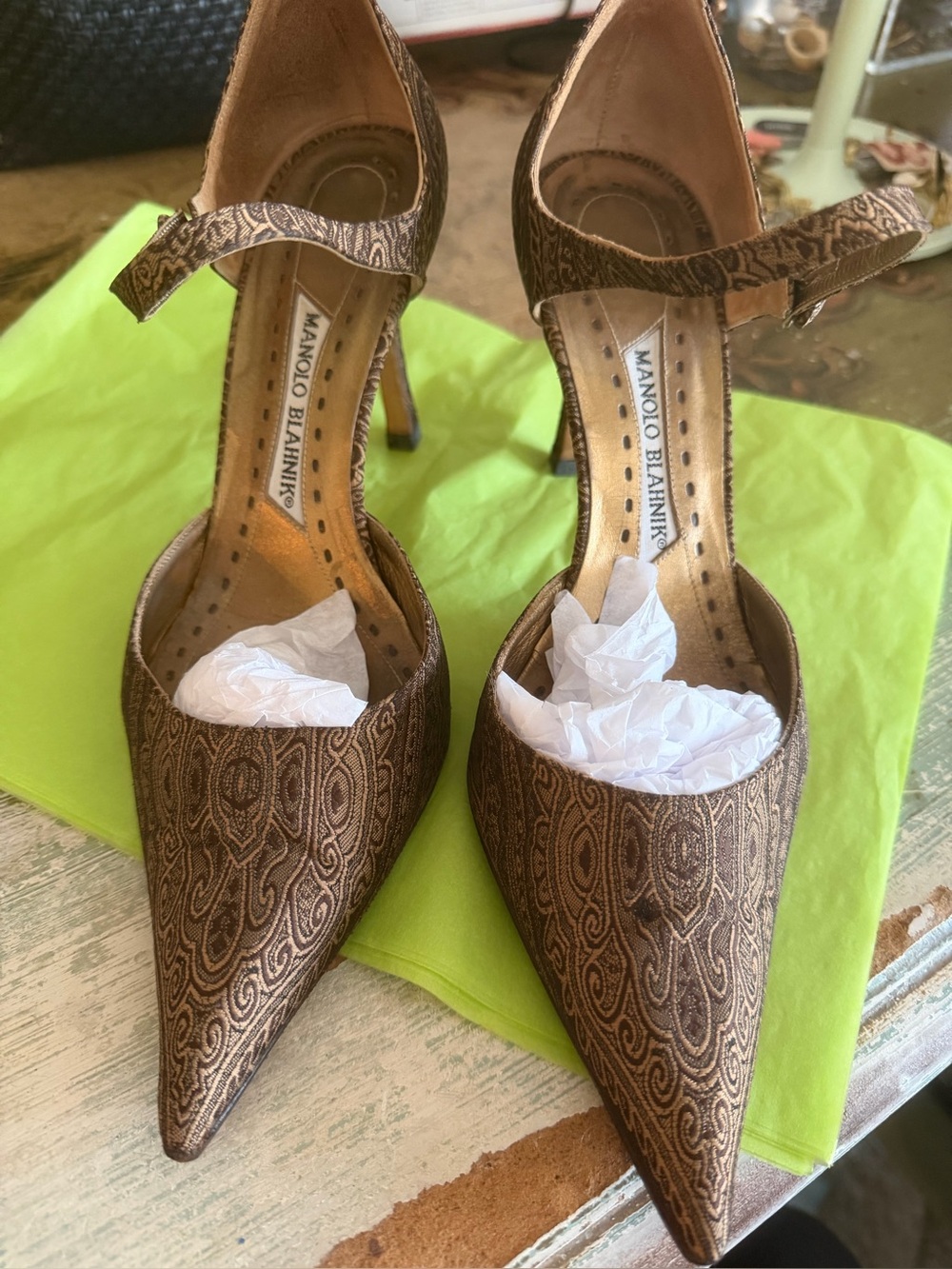 Manolo Blahnik SILK tapestry bronze&brown Paisley Pointed Mary janes vintage!